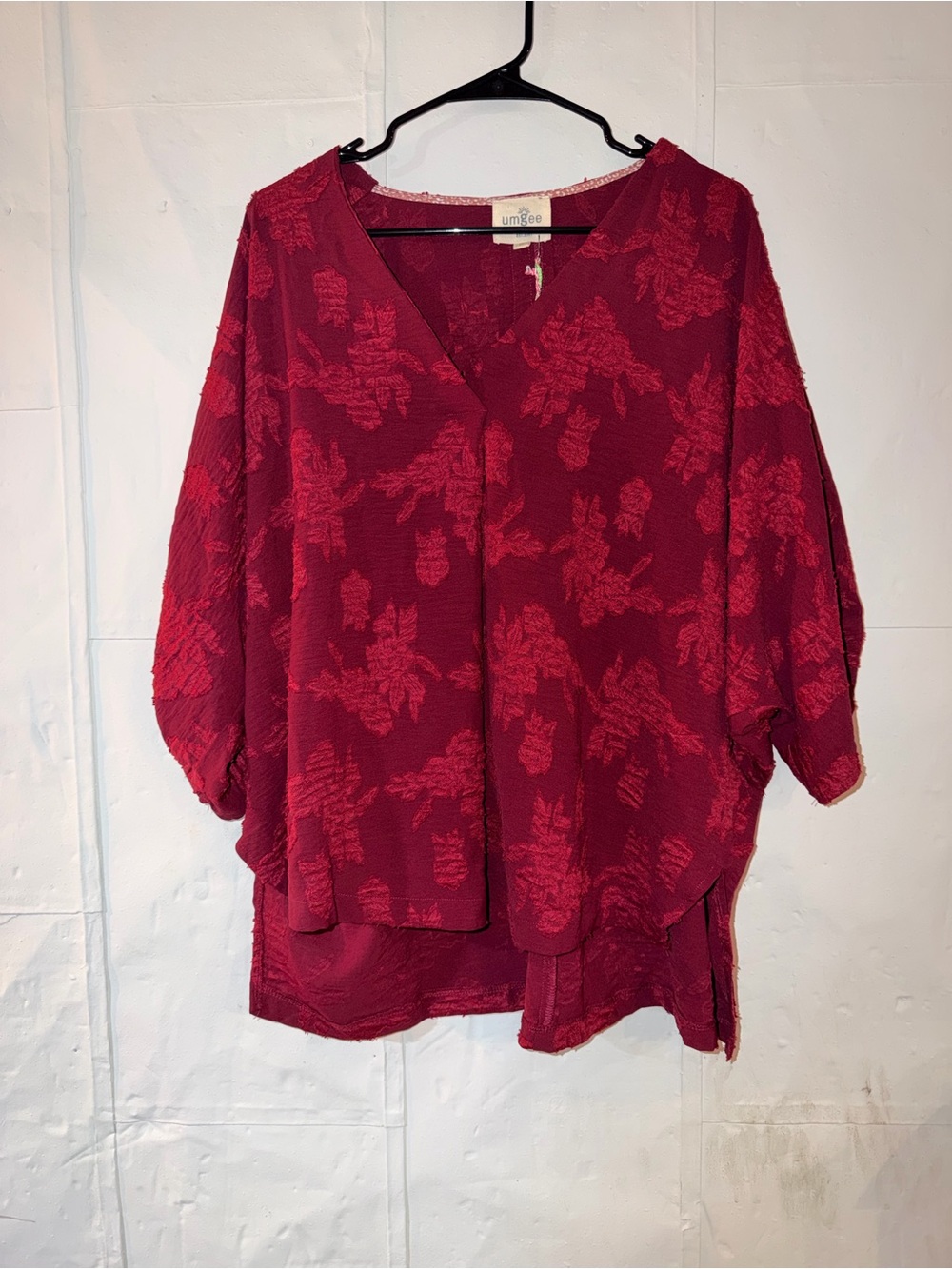 Umgee Raspberry Textured V-Neck Dolman Blouse - Picture 2 of 8
